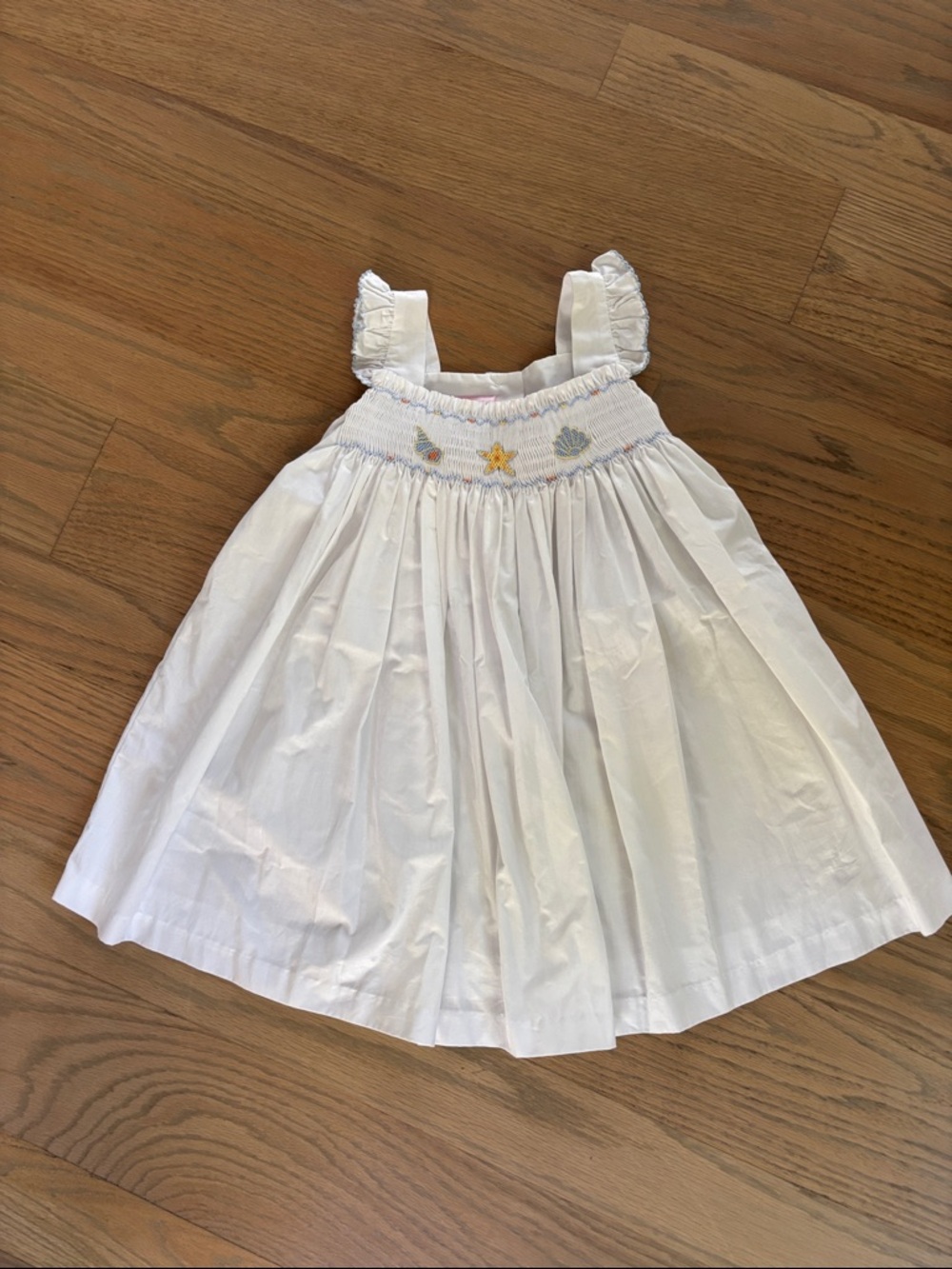 EUC Petit Bebe White Smocked Sundress with Pastel Sea embroidery, size 4